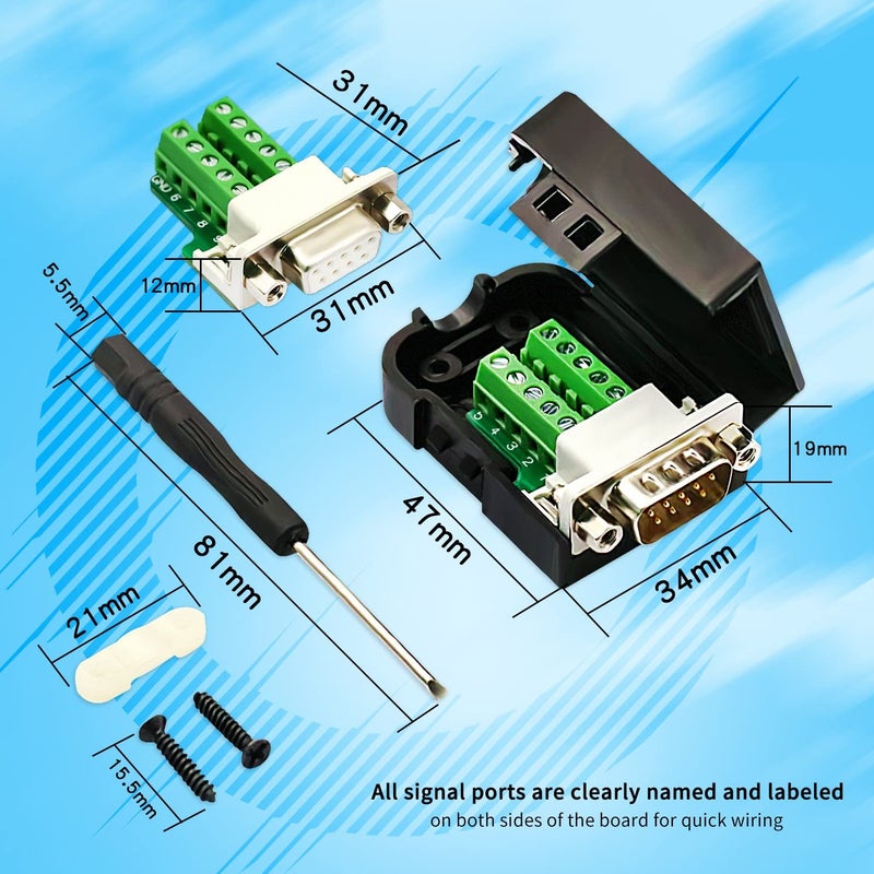 CenryKay (1Pcs-Male+1Pcs-Female DB9 Male Female Solderless Connectorï¼ŒDB9 Male Female Breakout RS232 D-SUB Serial to 9-pin Port Terminal Connector Breakout Board with Case Long Bolts Tail Pipe - Image 3